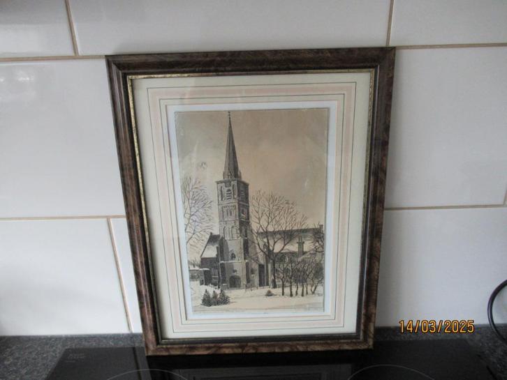 LITHO IN LIJST- HERVORMDE KERK- OUD- BEIJERLAND- BROBBEL, Antiek en Kunst, Kunst | Litho's en Zeefdrukken, Ophalen of Verzenden