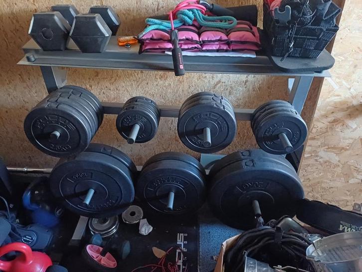 Halterset met drukbank compleet veel accesoires, Sport en Fitness, Fitnessmaterialen, Zo goed als nieuw, Halterset, Ophalen