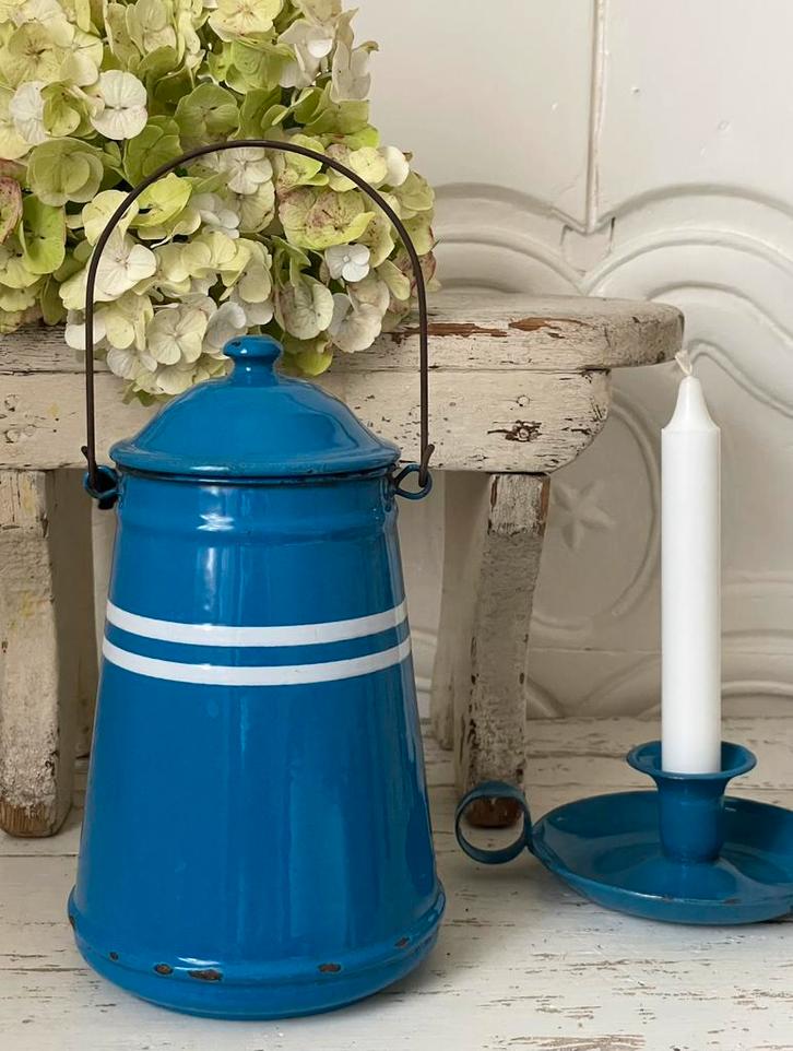 Emaille oud melkemmertje blauw met witte biesjes, Antiek en Kunst, Antiek | Emaille, Verzenden