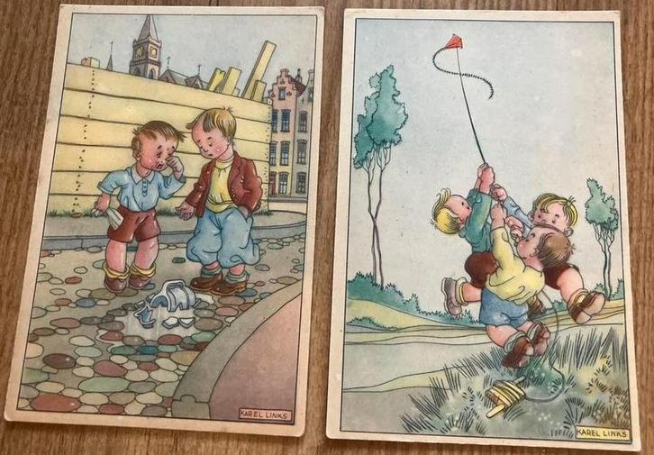 Oude kinderkaarten (jaren 30/40) Karel Links - 2 stuks, Verzamelen, Ansichtkaarten | Nederland, Gelopen, Zuid-Holland, Voor 1920