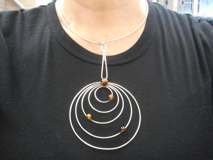 Zilveren Deense spang met royale modernist hanger, Sieraden, Tassen en Uiterlijk, Kettingen, Zo goed als nieuw, Zilver, Zilver