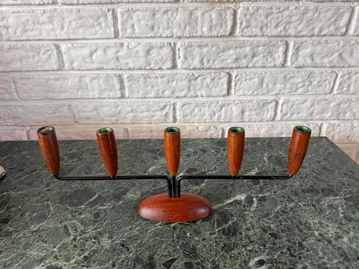 Vintage eiken kandelaar jaren '60 retro oud, Antiek en Kunst, Antiek | Kandelaars, Overige materialen, Ophalen of Verzenden