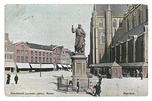 976044	Haarlem	Standbeeld Laurens Jansz Koster	1906	Gelopen, Verzamelen, Ansichtkaarten | Nederland, Gelopen, Noord-Holland, Voor 1920