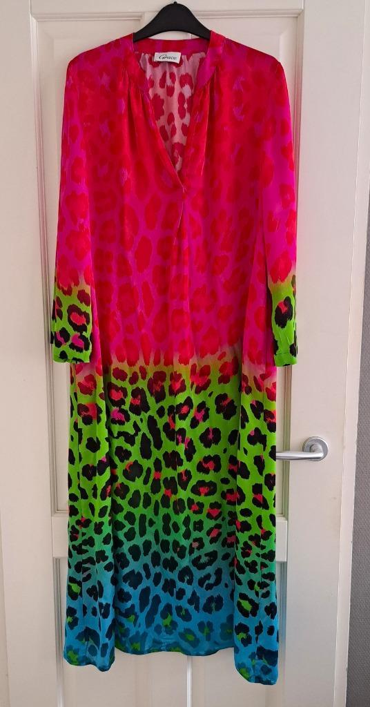 Grace maxi dress statement panter print roze groen L 49426, Kleding | Dames, Jurken, Zo goed als nieuw, Maat 42/44 (L), Roze, Onder de knie