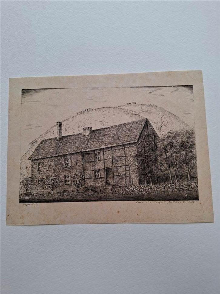 Pentekening, frans landschap met huis en bomen, Antiek en Kunst, Kunst | Tekeningen en Foto's, Ophalen of Verzenden