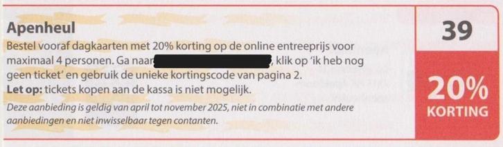 Apenheul 20% kortingsbon. Postcodeloterij kortingsbon nr 39., Tickets en Kaartjes, Recreatie | Dierentuinen, Drie personen of meer