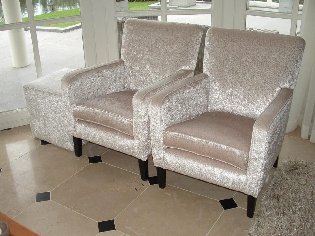 Gorinchem: 2x Belgano fauteuil stoel + 2x poef dierenprint, Ophalen, Zo goed als nieuw, 75 tot 100 cm, 50 tot 75 cm