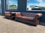 Chesterfield 3+2 zit bankstel bruin GRATIS BEZORGD, Ophalen of Verzenden, Gebruikt, 75 tot 100 cm, Leer