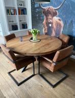 Mooi mangohouten tafel met 6 bijbehorende stoelen, Huis en Inrichting, Tafels | Eettafels, Ophalen, Rond, Zo goed als nieuw, Vijf personen of meer