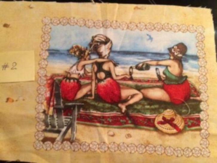 Stof fruit vriendinnen op het strand spelen, Hobby en Vrije tijd, Stoffen en Lappen, Nieuw, Katoen, Minder dan 30 cm, Minder dan 30 cm