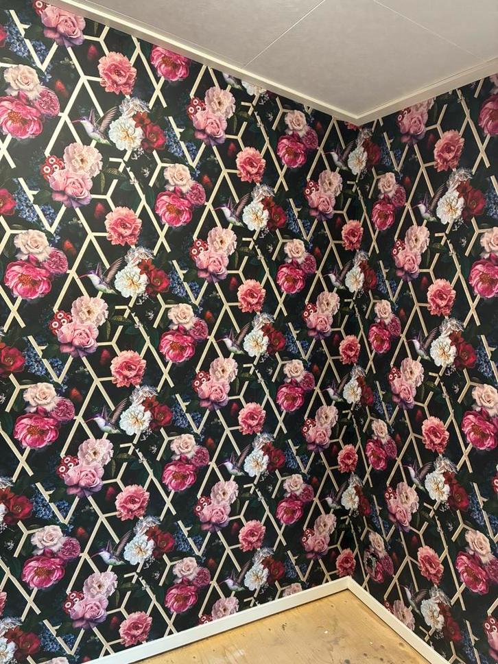 Vliesbehang  pioenrozen 9 rollen, Huis en Inrichting, Stoffering | Behang, Blauw, Zwart, Roze, minder dan 10 m², Ophalen of Verzenden