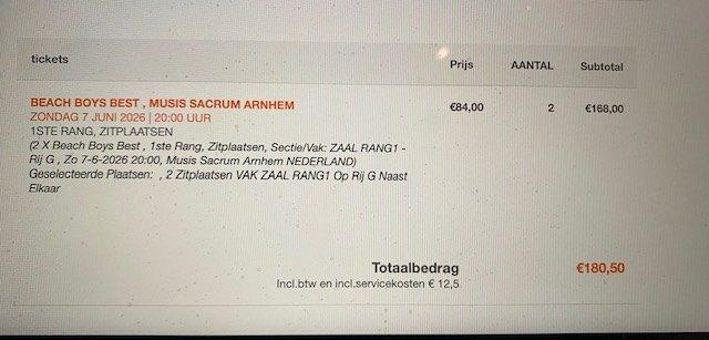 2 concert tickets Beach Boys Best, Tickets en Kaartjes, Twee personen, Juni
