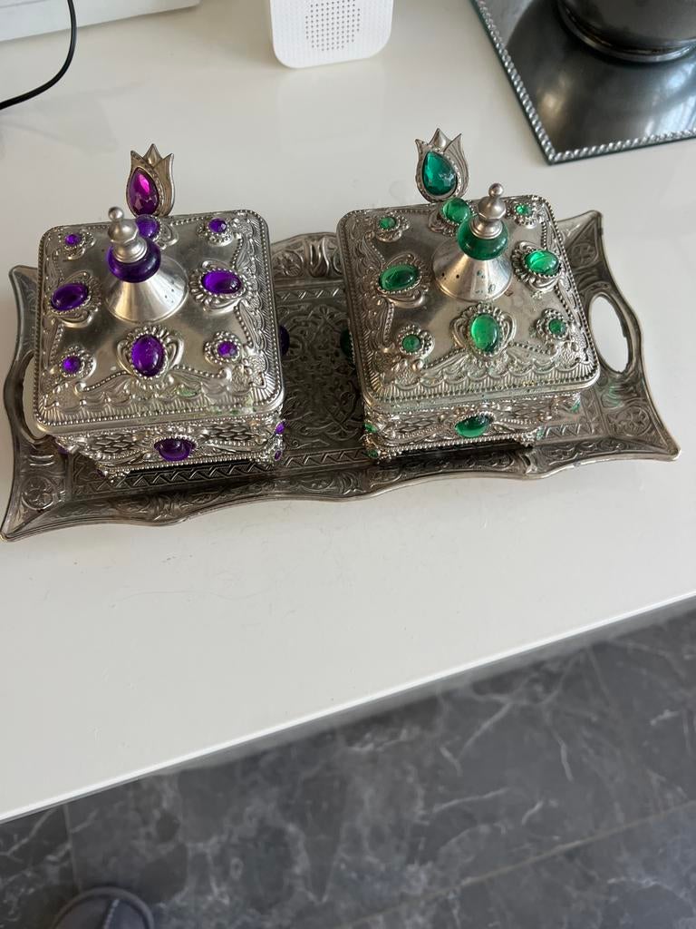 Zilveren suikerpotten met lepels en dienblad, Ophalen of Verzenden