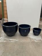 Donkerblauwe Bloempotten Set, Ophalen, Gebruikt, Rond, Aardewerk