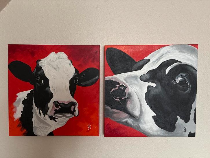 Koeien Portretten - Set van 2 Schilderijen, Antiek en Kunst, Kunst | Schilderijen | Klassiek, Ophalen of Verzenden