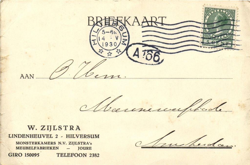 W. Zijlstra, Hilversum - 05.1930 - briefkaart, Ophalen of Verzenden, Briefkaart