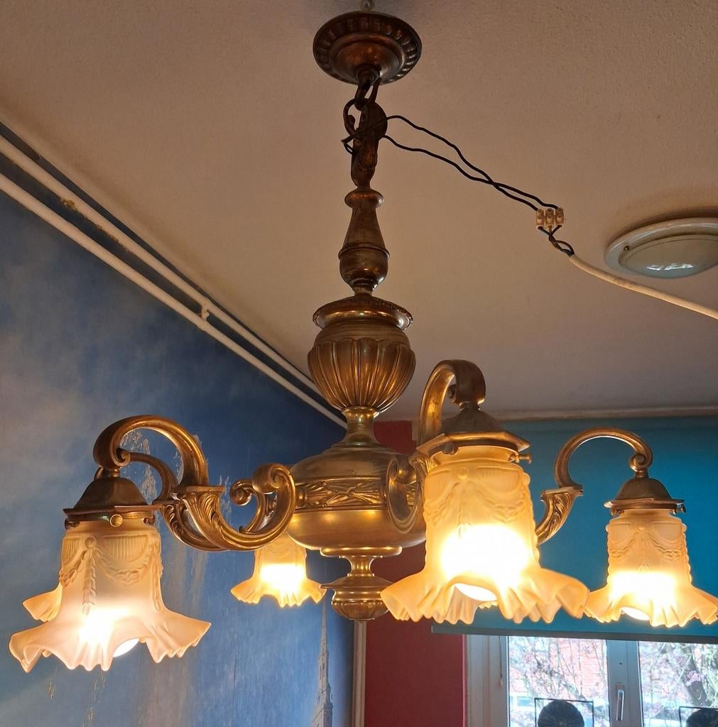 Vintage Koperen Kroonluchter met Glazen Kappen, Antiek en Kunst, Ophalen of Verzenden