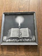 Schilderijtje met bijbel en kaars, Ophalen of Verzenden