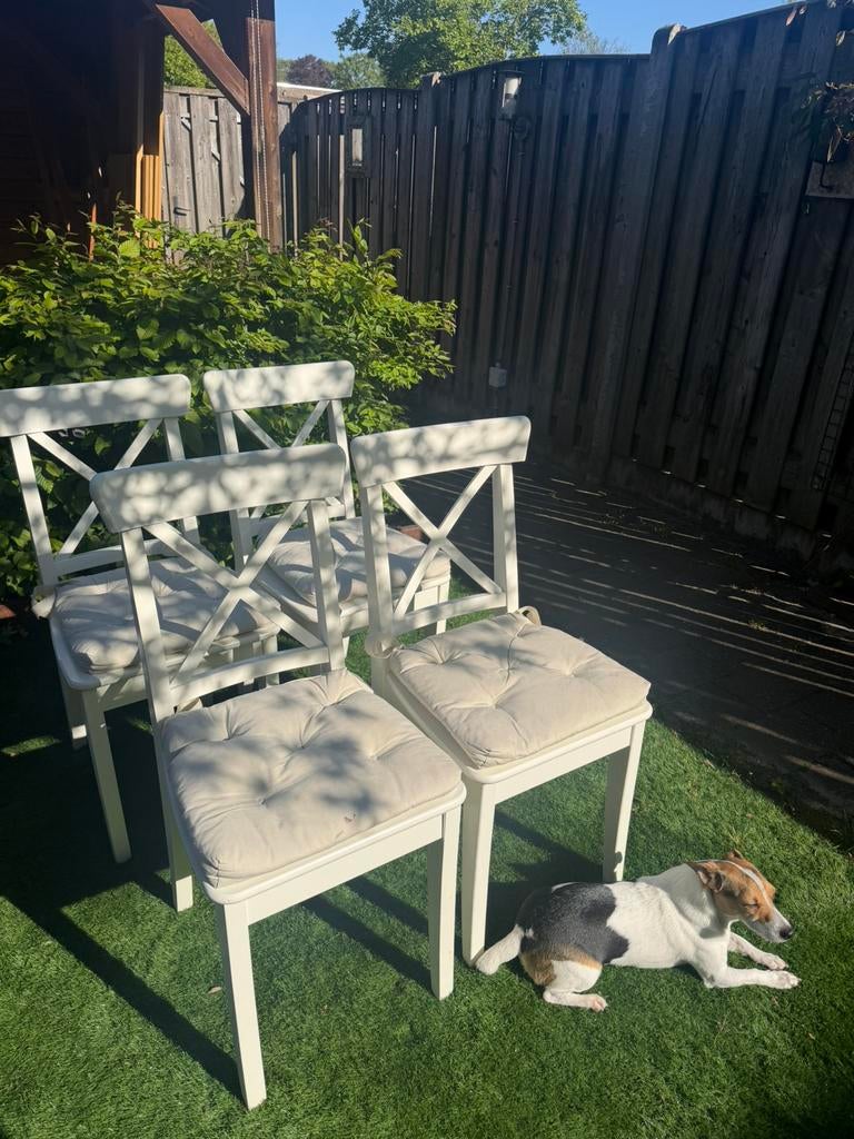 4 IKEA ROSENTORP stoelen met kussens - Zo goed als nieuw, Ophalen, Wit, Zo goed als nieuw, Vier