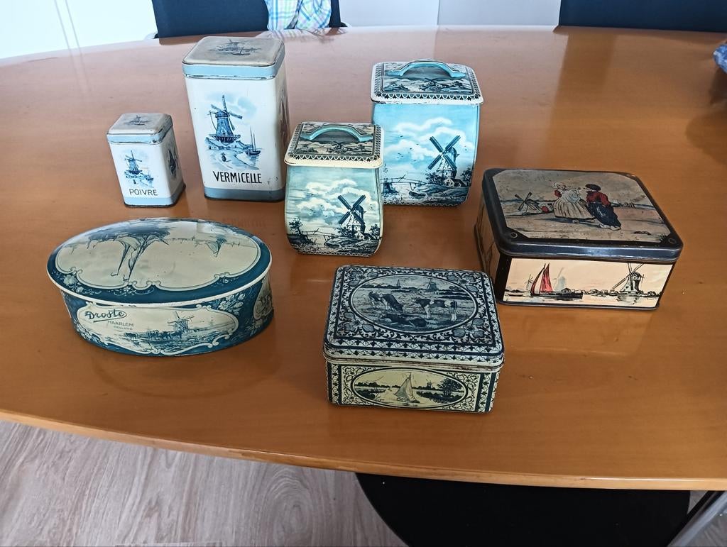 Verzameling antieke blauwe blikken w.o. Droste, Verzamelen, Ophalen of Verzenden, Gebruikt, Overige, Droste