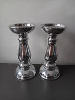 Mooie set van twee zilverkleurige kaarsenhouders, Gebruikt, Overige kleuren, Ophalen of Verzenden, Metaal