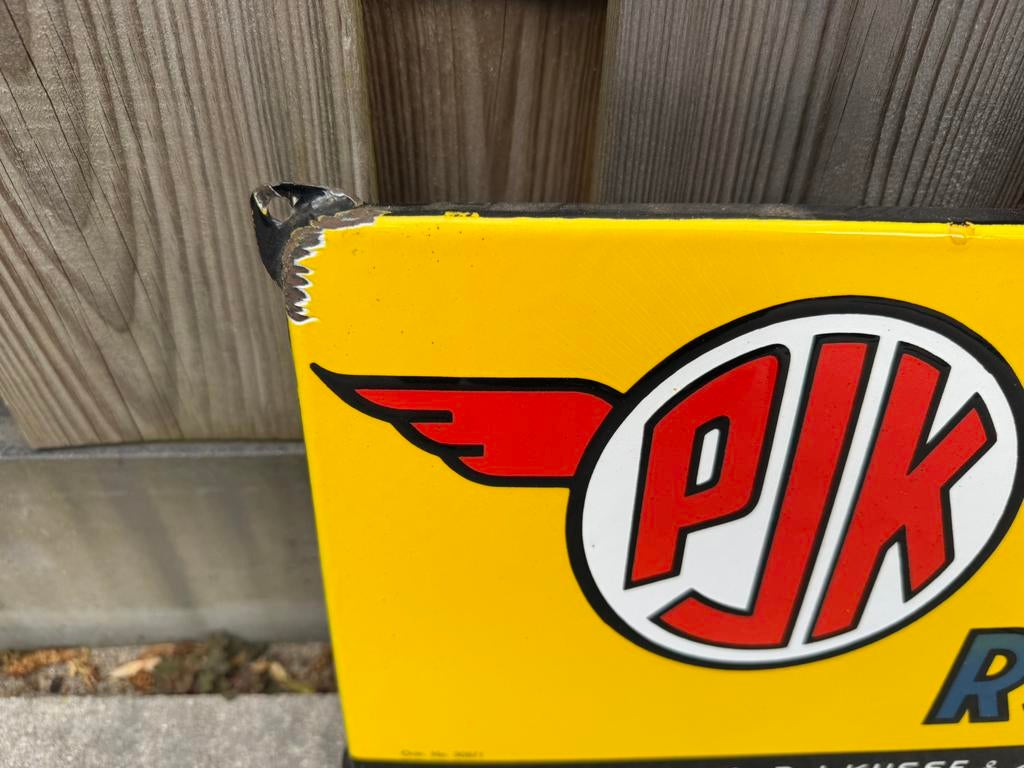 PJK Rijwielen emaille reclamebord, Verzamelen, Merken en Reclamevoorwerpen, Reclamebord, Gebruikt, I, Ophalen of Verzenden