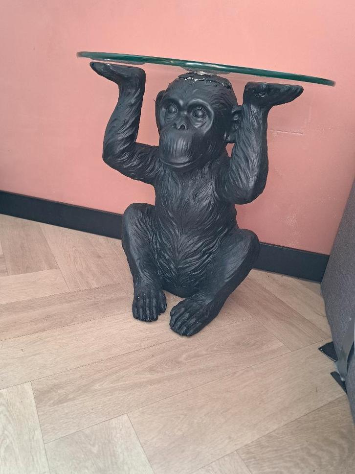 Bijzet tafel met glazen blad van 45 cm doorsnede - voet AAP, Huis en Inrichting, Tafels | Bijzettafels, Gebruikt, Rond, 45 tot 60 cm