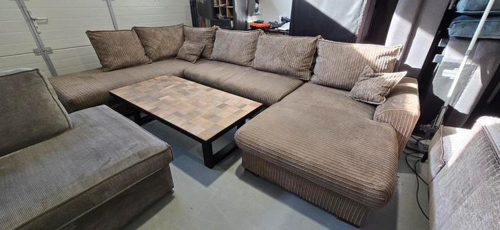 Grote U-bank ribstof met losse rugkussens, Huis en Inrichting, Banken | Complete zithoeken, Gebruikt, Stof, Ophalen