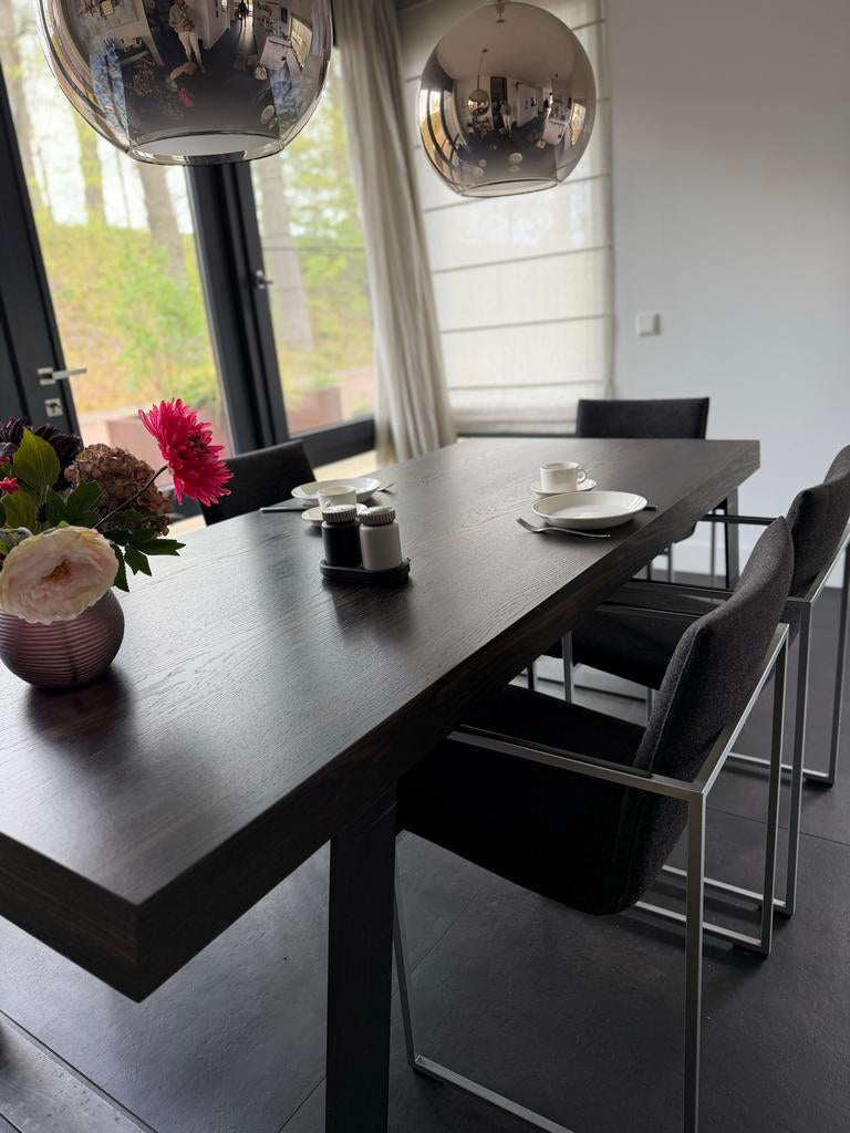 Massief eiken eettafel met stalen frames (200x90x75cm), Huis en Inrichting, Tafels | Eettafels, Gebruikt, 50 tot 100 cm, 150 tot 200 cm