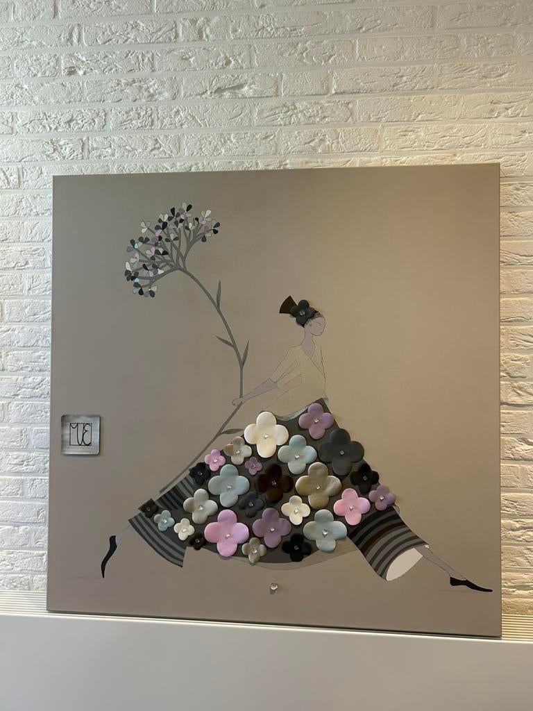 Schilderij meisje met bloem (acrylverf), Ophalen, Zo goed als nieuw, Schilderij, 75 cm of meer