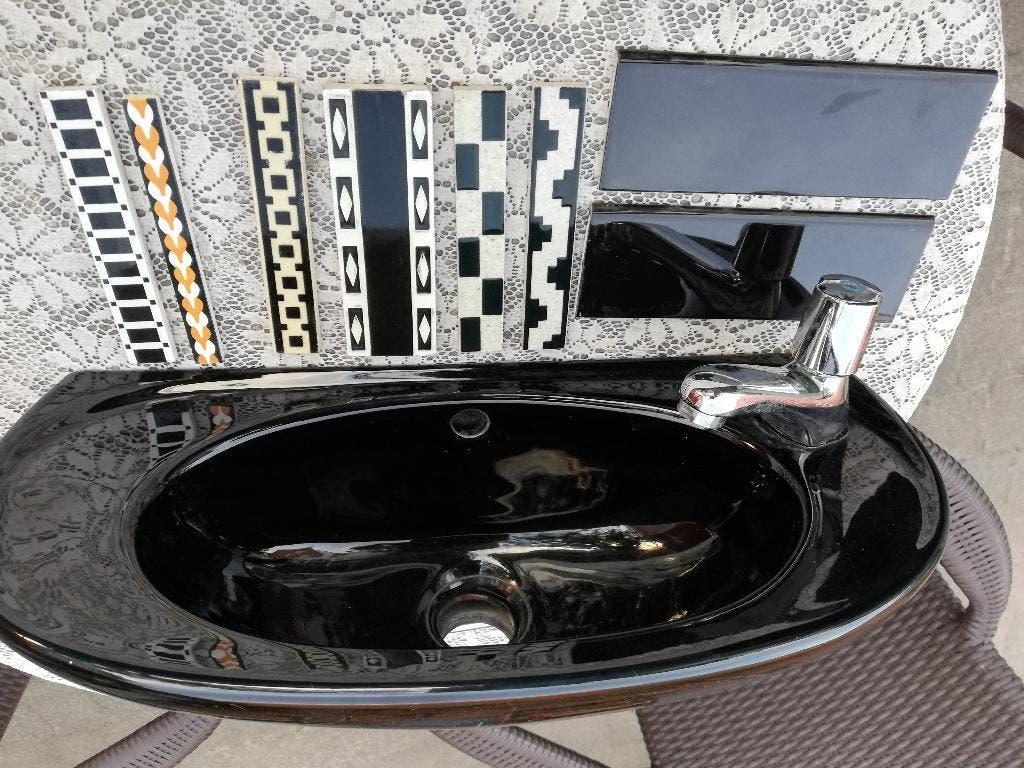 50x22cm Zwart vintage fonteintje incl kraan ondiep