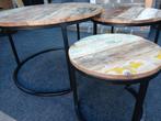 Set van 3 salontafels, rond, gerecycled hout en metaal, Huis en Inrichting, 50 tot 100 cm, Rond, 50 tot 100 cm, Minder dan 50 cm
