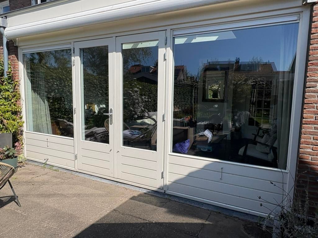 Houten pui (5 meter) + tuindeuren | HR++ glas | in 3 delen, Ophalen, Gebruikt, 225 cm of meer, Overige typen