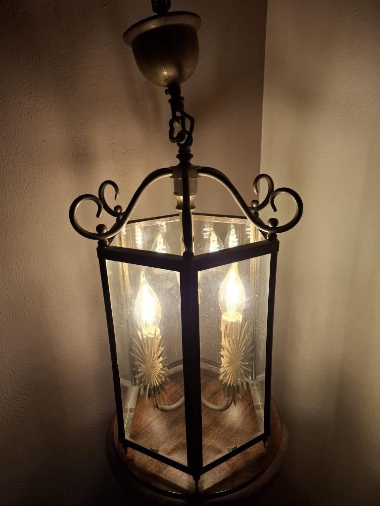 Messing Hallantaarn met Geëtst Sterglas – Vintage Frans, Antiek en Kunst, Ophalen of Verzenden