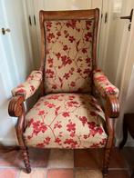 Antieke hoge stoel fauteuil rood geel linnen bloemen velours, Ophalen, Gebruikt, 50 tot 75 cm, Antiek