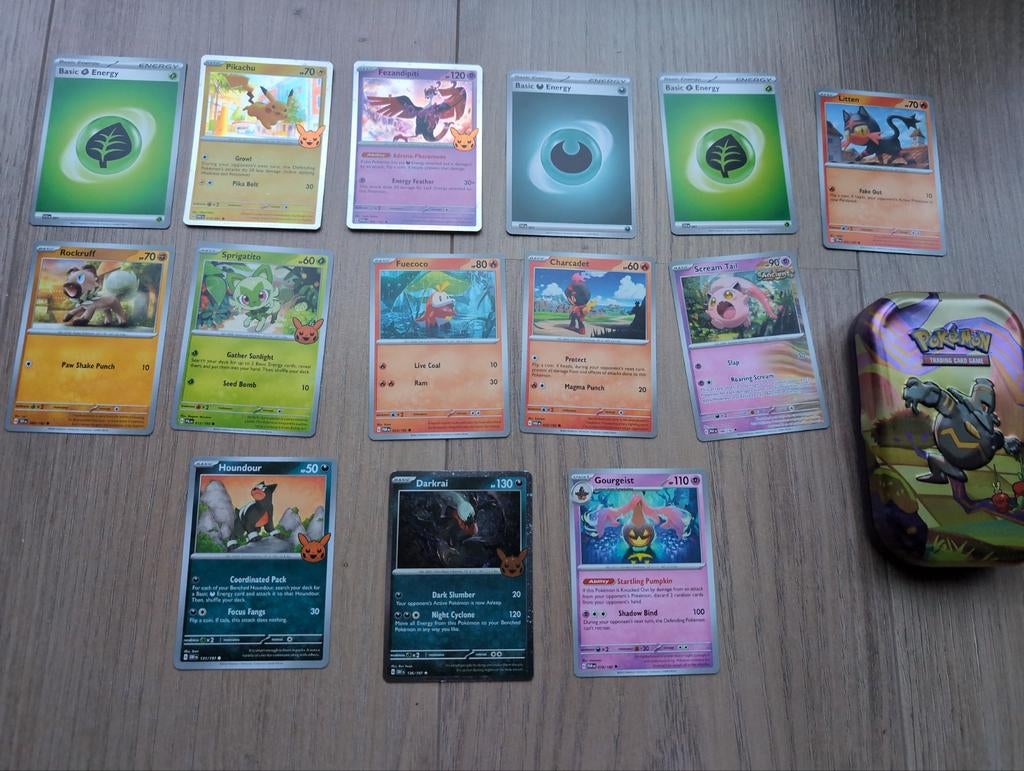 Pokémon Kaarten Collectie met Tin, Ophalen of Verzenden, Gebruikt, Losse kaart, Foil