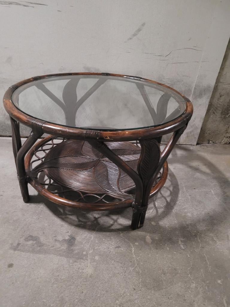 Vintage Rotan Salontafel met Glazen Blad, Huis en Inrichting, Tafels | Salontafels, Gebruikt, Minder dan 50 cm, 50 tot 100 cm