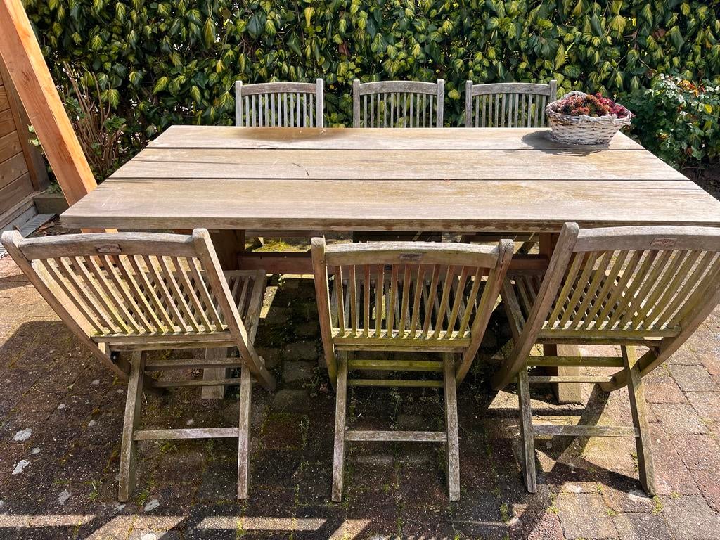 Bois Le Duc tuintafel met 6 stoelen - opknapper/liefde nodig, Ophalen, Gebruikt, Rechthoekig, Hout