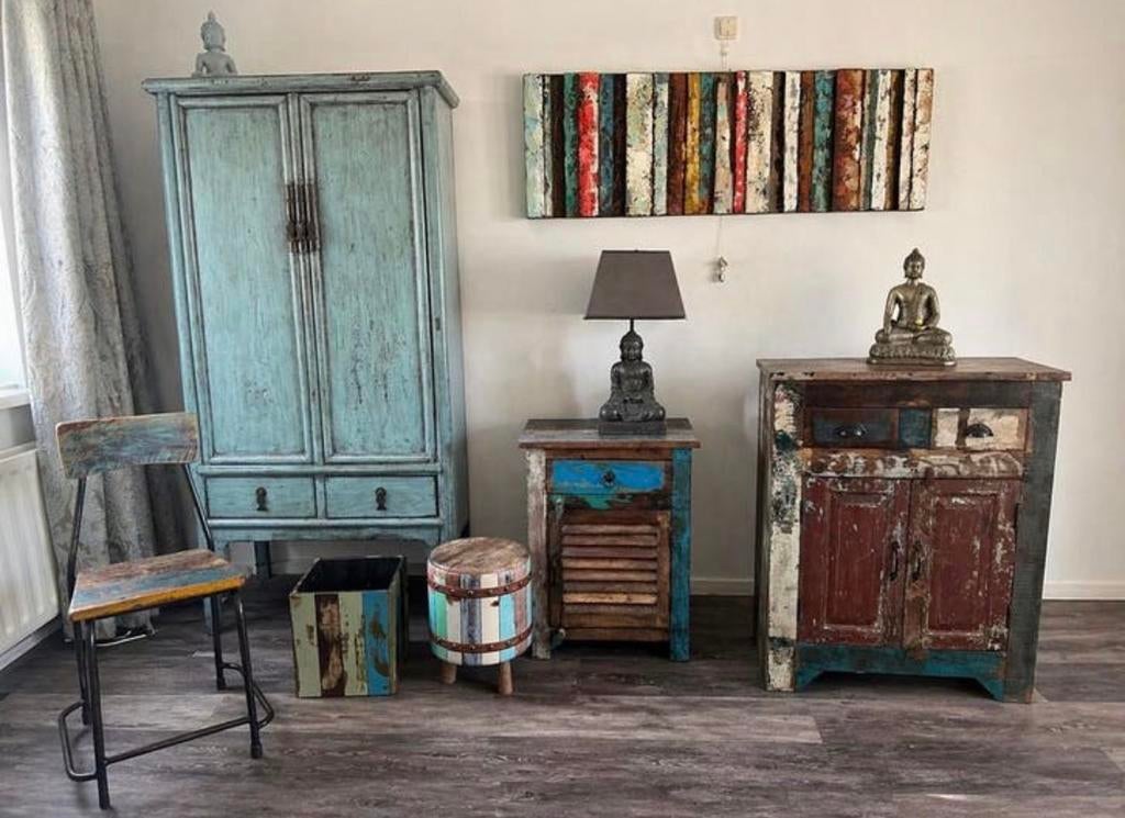 Unieke set handgemaakte houten meubels ibiza /boho stijl, Ophalen