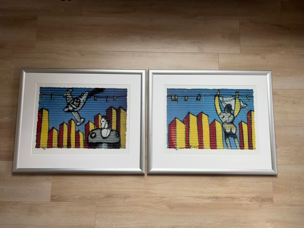 2 Herman Brood Zeeddrukken ingelijst de wasvrouw & vliegtuig, Ophalen of Verzenden