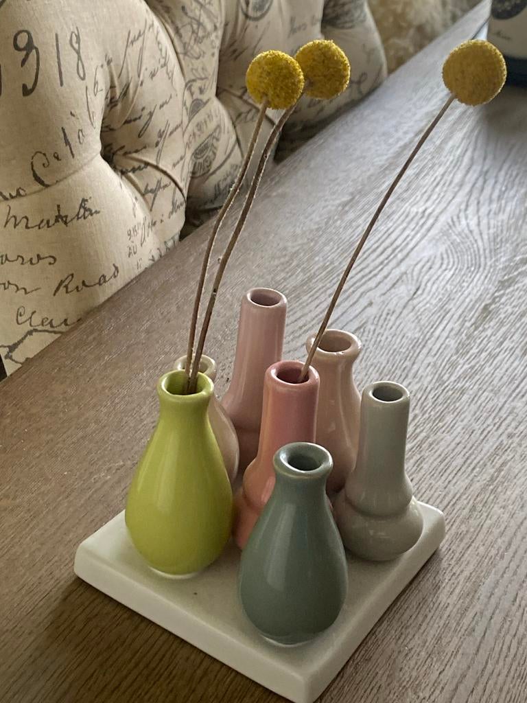 Set van 6 mini vaasjes op dienblad, Huis en Inrichting, Woonaccessoires | Vazen, Gebruikt, Overige kleuren, Aardewerk of Porselein