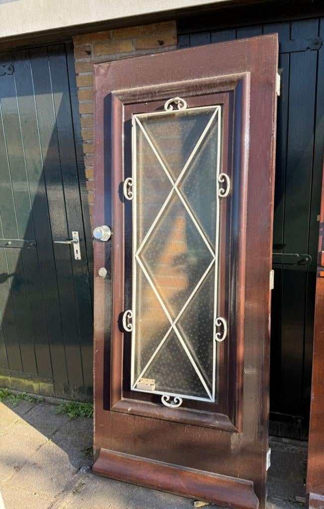 Merbau houten oude deur met glas, Doe-het-zelf en Verbouw, Deuren en Horren, Ophalen, Gebruikt, 200 tot 215 cm, Glas