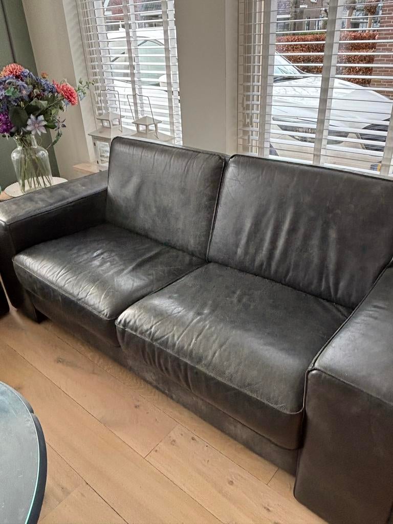 Donkerblauw leren bankstel, Huis en Inrichting, Ophalen, Gebruikt, Overige maten, Rechte bank