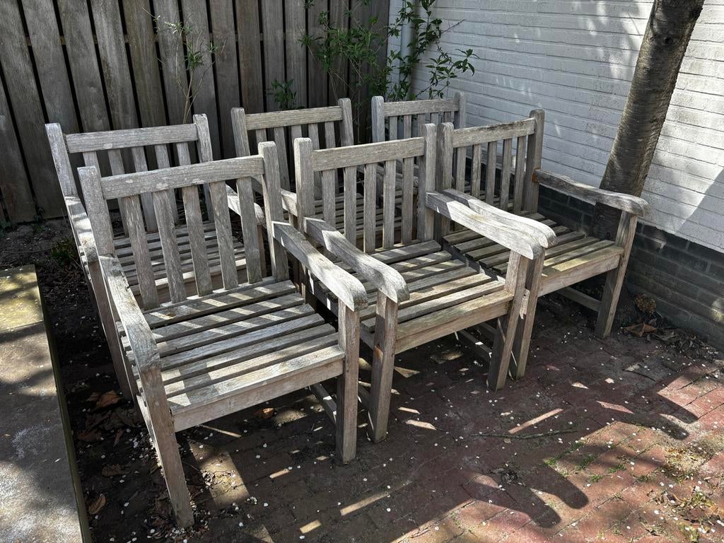 Set van 6 Teakhouten Blokstoelen, Ophalen, Gebruikt, Teakhout