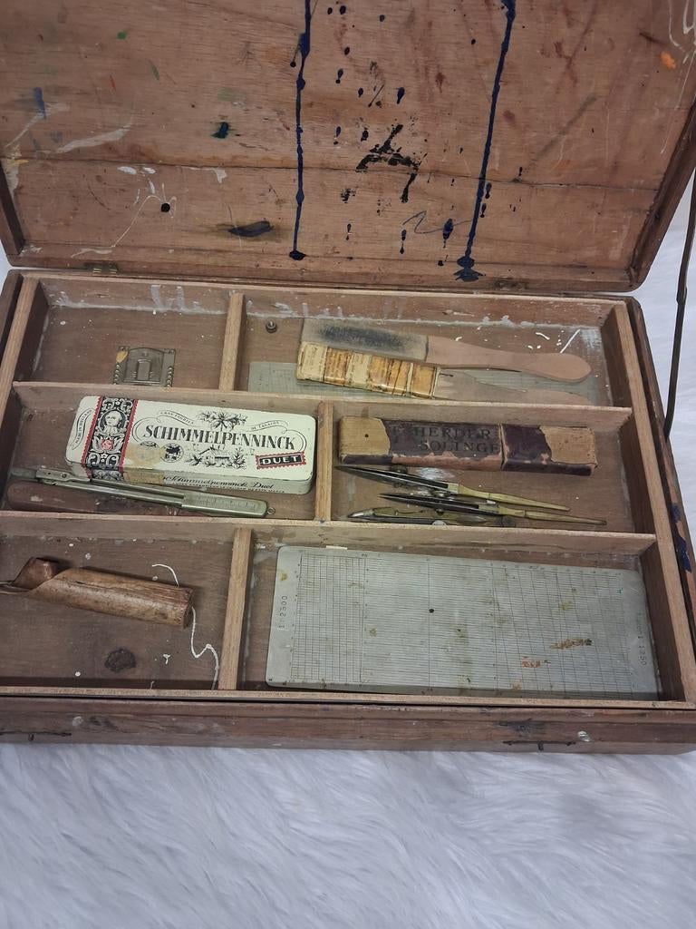 Tekendoos antiek met inhoud, Gebruikt, ., Overige typen, Ophalen of Verzenden