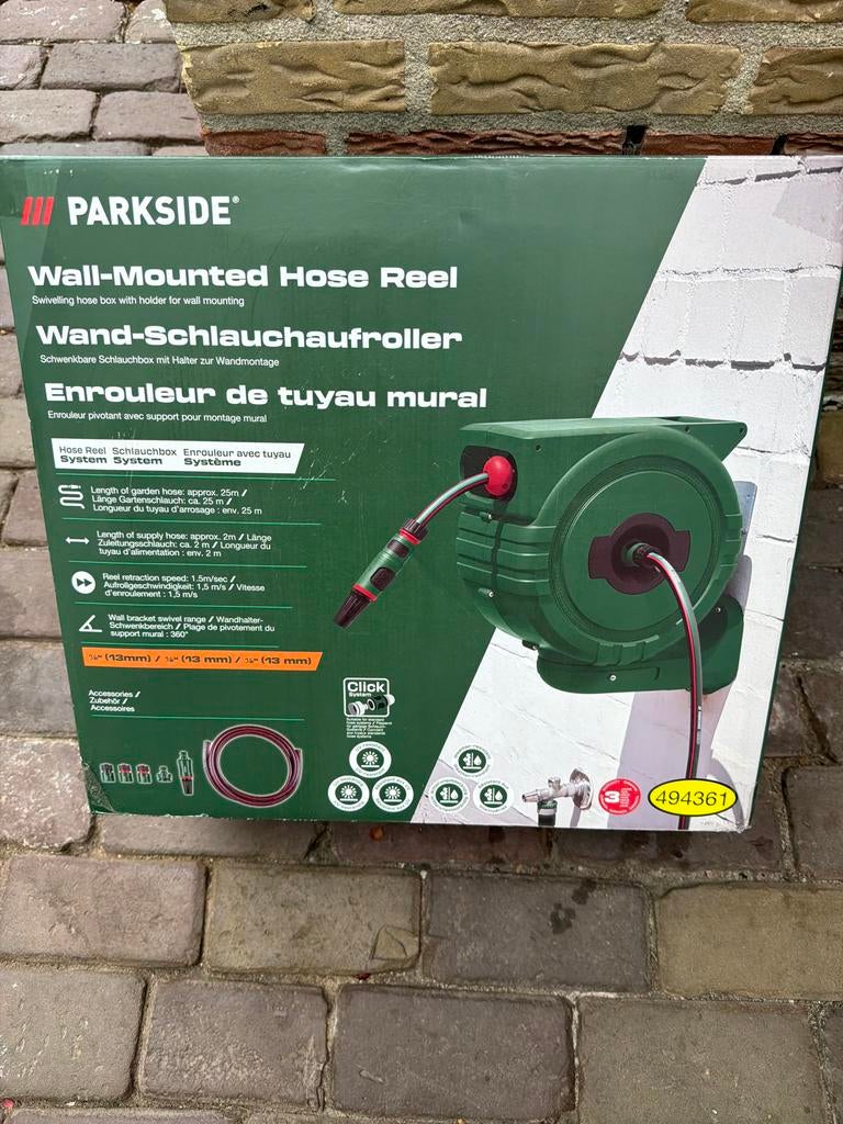 PARKSIDE Wand-Slanghaspel 25m met Muurbevestiging, Tuin en Terras, Tuinslangen, Ophalen, Nieuw, Tuinslanghaspel