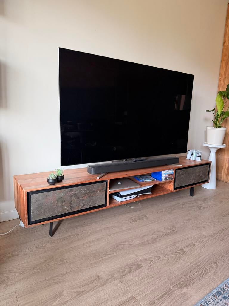 TV-meubel acaciahout met steenfineer, Huis en Inrichting, Kasten | Televisiemeubels, Ophalen, 150 tot 200 cm, Zo goed als nieuw