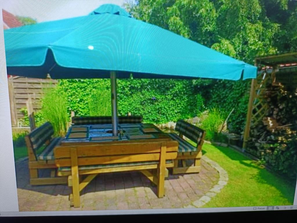 5 meter parasol met tuinset, kussens en zijwanden, Ophalen