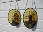Antiek gebrandschilderd glas met VOC zeilboot en molen, Antiek en Kunst, Ophalen of Verzenden