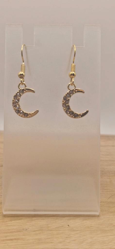 Gouden Maan Oorbellen met Strass, Sieraden, Tassen en Uiterlijk, Oorbellen, Nieuw, Hangers, Overige materialen, Goud, Met strass